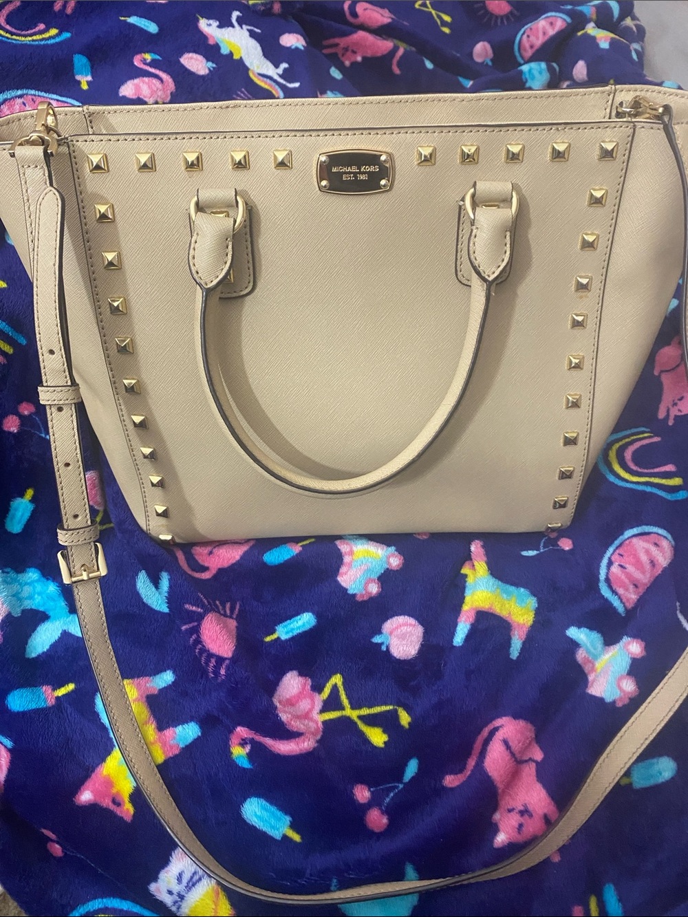 Michael Kors Beige Saffiano Studded Satchel